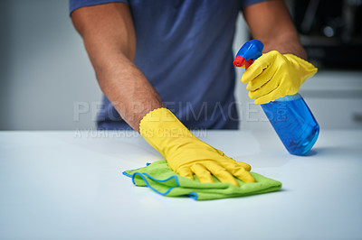 Buy stock photo Spray, cleaning and hands with gloves, home and routine for hygiene for chores, sanitary or equipment. House, tidy and person with bottle for disinfection, chemical or polishing of surface with cloth