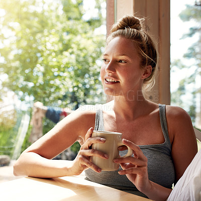 Buy stock photo Thinking, woman and smile with coffee at house to start day, calm morning and daydreaming. Person, relax and reflection with caffeine beverage, window view and vision for weekend break in living room