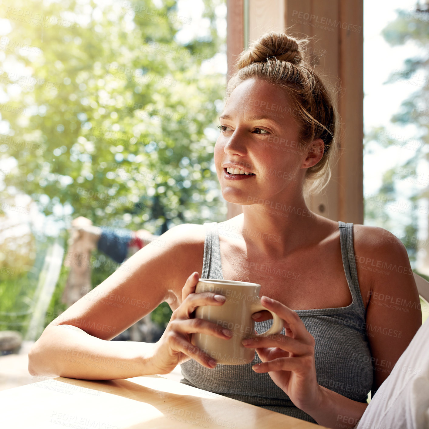 Buy stock photo Thinking, woman and smile with coffee at house to start day, calm morning and daydreaming. Person, relax and reflection with caffeine beverage, window view and vision for weekend break in living room