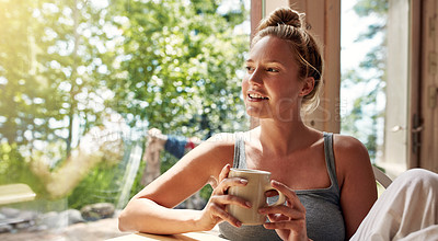 Buy stock photo Thinking, woman and rest with coffee at house to start day, calm morning and daydreaming. Smile, person and reflection with caffeine beverage, window view and vision for weekend break in living room