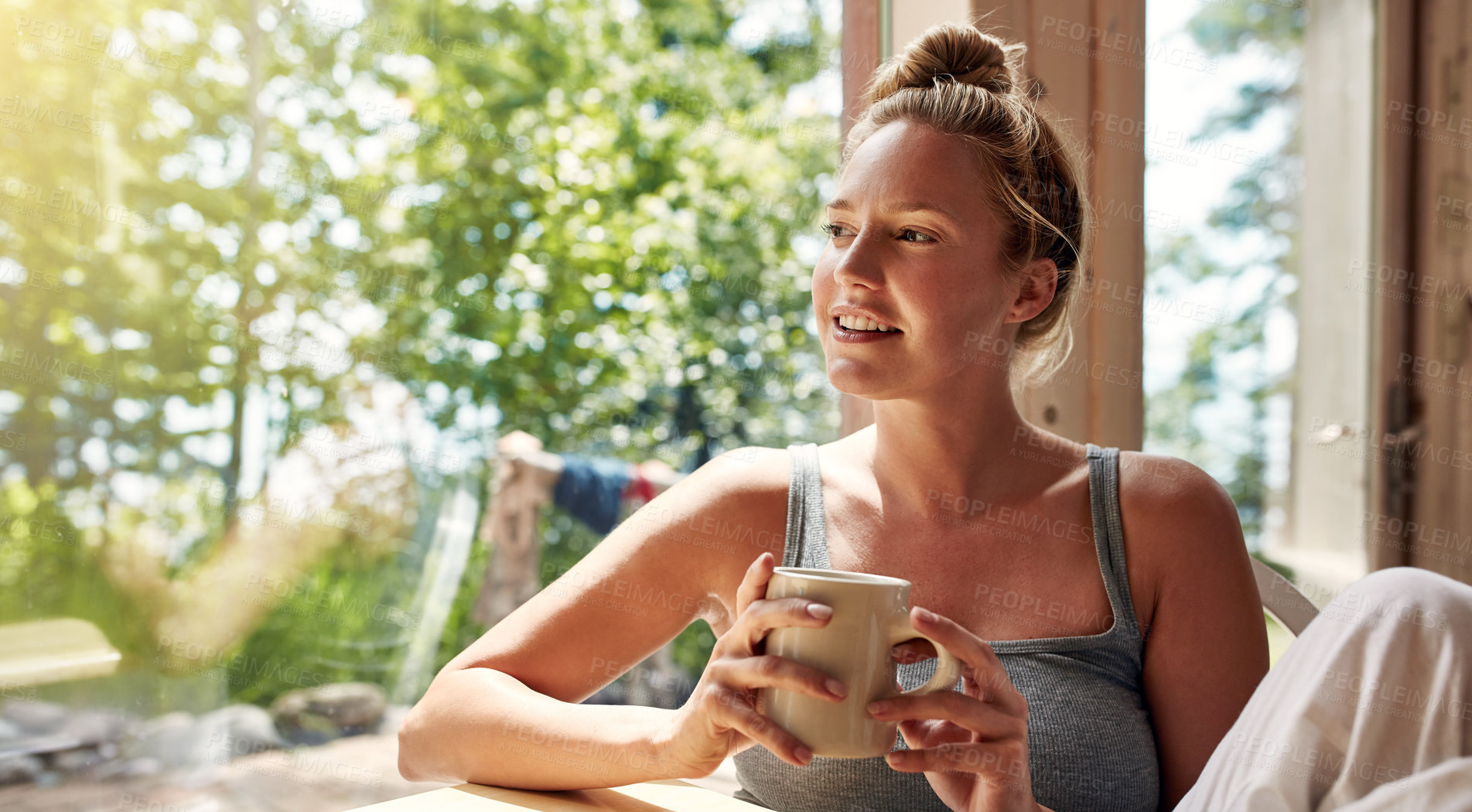 Buy stock photo Thinking, woman and rest with coffee at house to start day, calm morning and daydreaming. Smile, person and reflection with caffeine beverage, window view and vision for weekend break in living room