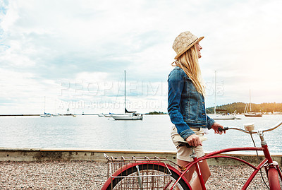 Buy stock photo Thinking, travel and woman with bike by sea for view, sightseeing and positive mindset on vacation. Bicycle, cycling and reflection of happy girl by ocean with space, transport and holiday by harbor