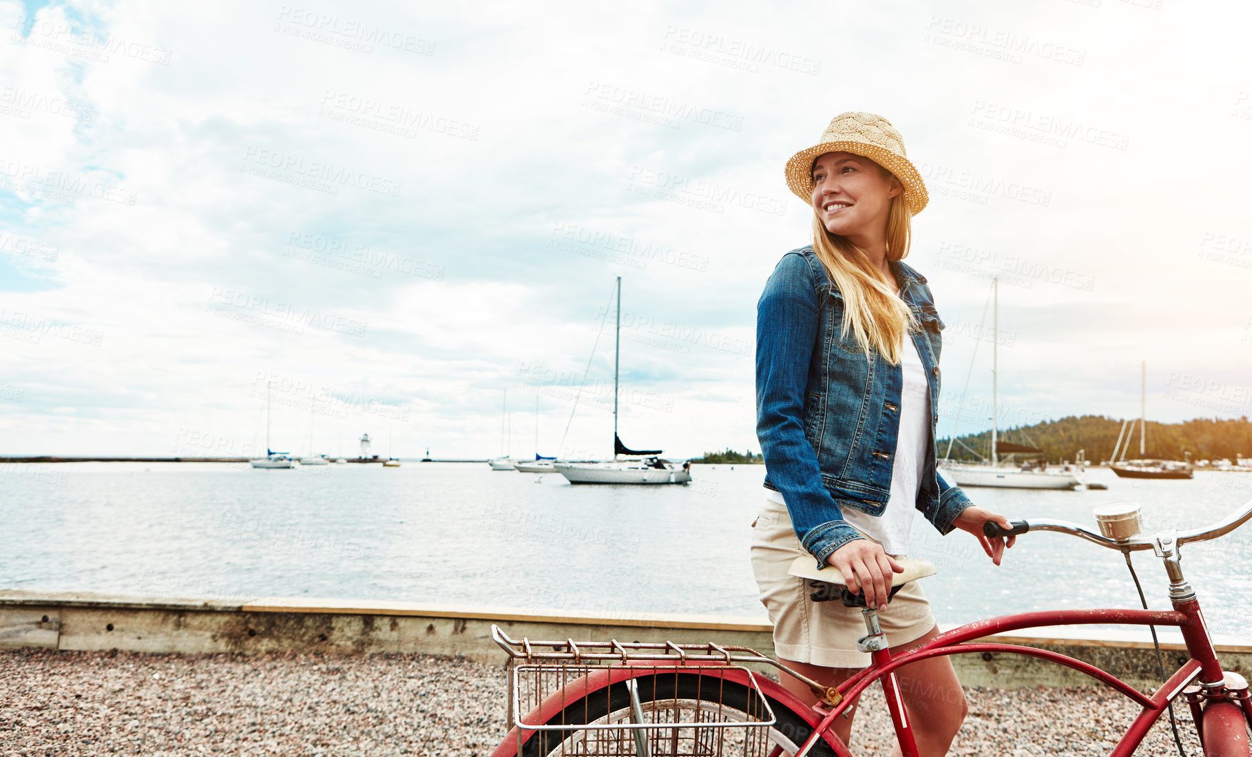 Buy stock photo Thinking, travel and woman with bicycle by sea for view, sightseeing or positive mindset on vacation. Bike, cycling and reflection of happy girl by ocean with space, transport and holiday by harbor