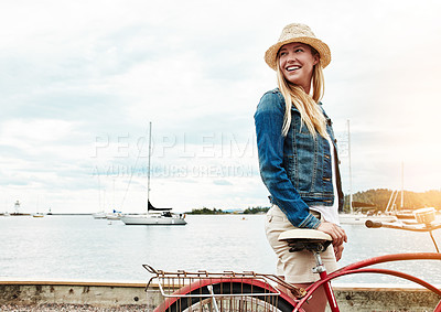 Buy stock photo Thinking, journey and woman with bicycle by sea for view, sightseeing and thoughts on vacation. Bike, ocean and reflection of happy person with transport for cycling, travel and holiday by harbor