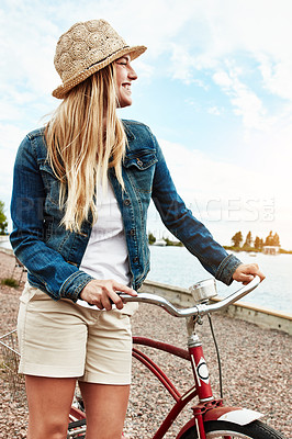 Buy stock photo Outdoor, happy and woman with bicycle, sightseeing and trip on summer holiday, adventure and journey. Traveler, thinking and person with eco friendly transport in nature, fresh air and smile on break