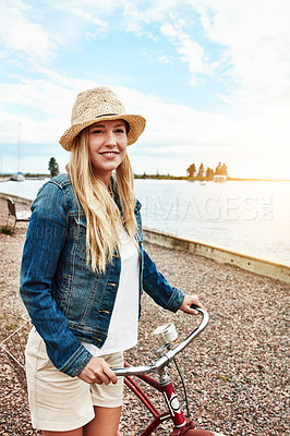 Buy stock photo Outdoor, happy and woman with bicycle, portrait and travel on summer holiday, adventure and journey. Traveler, smile and person with eco friendly transport for trip in nature, fresh air and commuting