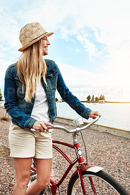 Buy stock photo Outdoor, happy and woman with bicycle, adventure and trip on summer holiday, sightseeing and journey. Traveler, thinking and person with eco friendly transport in nature, fresh air and smile on break