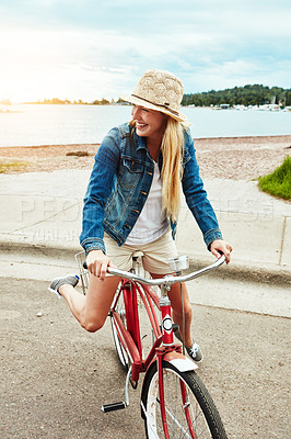 Buy stock photo Woman, bike and travel with smile for vacation, transport and weekend health outdoor. Happy, female person and tourist with cycling, holiday or activity with bicycle for wellness, adventure or break