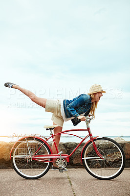 Buy stock photo Woman, bicycle and playful with travel for vacation, transport and weekend health outdoor. Happy, female person and tourist with cycling, holiday or activity on bike for wellness, adventure or break