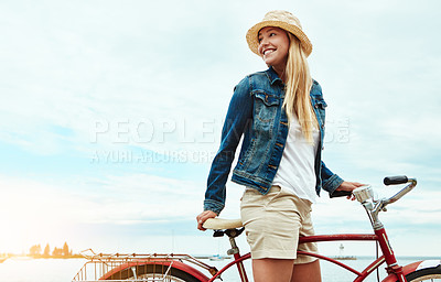Buy stock photo Woman, bicycle and travel with smile outdoor for holiday, transport and weekend health. Happy, female person and tourists with cycling, vacation or activity on bike for wellness, adventure and break