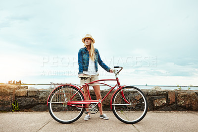 Buy stock photo Woman, bike and view with travel for vacation, transport and weekend health outdoor. Summer, female person and tourist with cycling, holiday or activity on bicycle for wellness, adventure or break