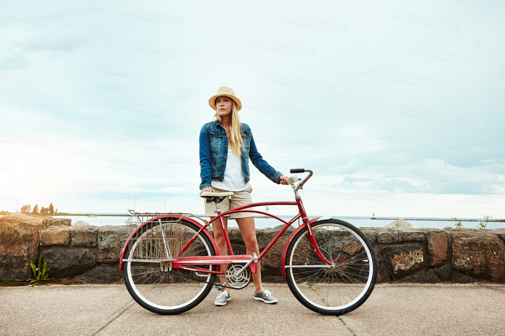 Buy stock photo Woman, bike and view with travel for vacation, transport and weekend health outdoor. Summer, female person and tourist with cycling, holiday or activity on bicycle for wellness, adventure or break