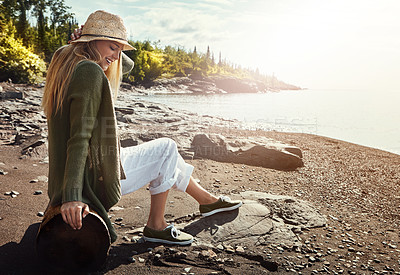 Buy stock photo Travel, relax and woman on beach with smile, holiday fun and calm outdoor adventure in nature. Island, ocean and girl on tropical vacation with water, wellness and happy morning on coast in Italy