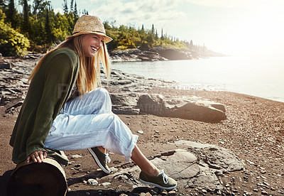 Buy stock photo Laugh, relax and woman on beach with holiday, island and fun outdoor adventure in tropical nature. Travel, ocean and girl on weekend vacation with water, smile and happy morning on coast in Italy.