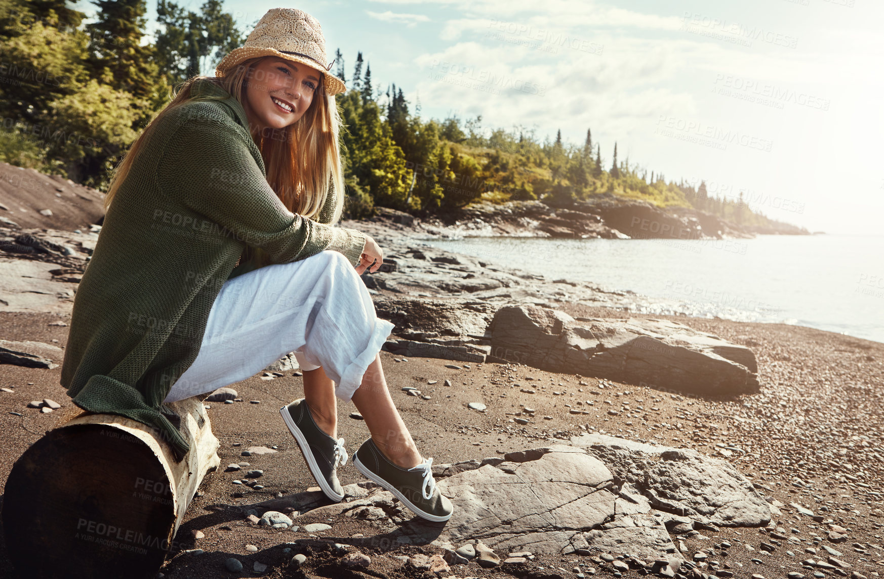 Buy stock photo Smile, relax and woman on beach with holiday fun, island shore and outdoor adventure in tropical nature. Travel, ocean and girl on weekend vacation with water, coast and happy morning in Costa Rica