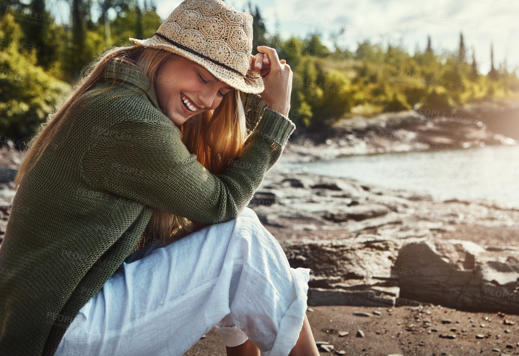 Buy stock photo Smile, relax and woman on beach for tropical holiday, fun and calm outdoor adventure in nature. Travel, ocean and girl on vacation with water, natural wellness and happy morning on coast in Indonesia
