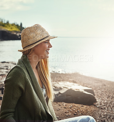 Buy stock photo Smile, thinking and woman at beach on holiday, vacation or travel outdoor on island in Greece. Ocean, funny and happy person laugh at sea by water for journey, adventure and tourist on trip in nature
