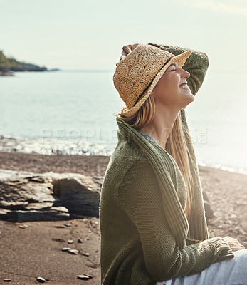 Buy stock photo Relax, smile and woman at lake on vacation, holiday or travel outdoor on island in Italy. Eyes closed, peace and happy person by water with summer hat for journey, adventure and tourism in nature