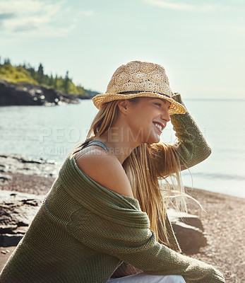 Buy stock photo Relax, thinking and happy woman at lake on holiday, vacation and travel outdoor in Switzerland. Water, smile and young person with summer hat for journey, adventure and tourist on trip in nature