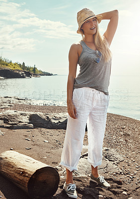 Buy stock photo Outdoor, calm and woman on ocean for relax, vacation and holiday weekend in California. Beach, girl and carefree for travel adventure, destination and enjoying sunshine in summertime with peace