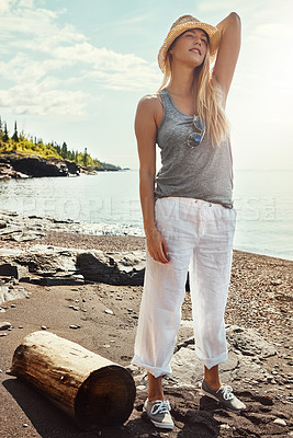Buy stock photo Outdoor, calm and girl on ocean for relax, vacation and holiday weekend in California. Beach, woman and thinking for travel adventure, destination and enjoying sunshine in summertime with peace