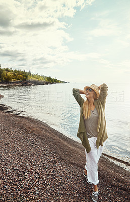 Buy stock photo Thinking, walking and woman by beach for holiday, summer travel and tropical location for inspiration. Trip perspective, weekend break and person by ocean for reflection, planning vacation and smile