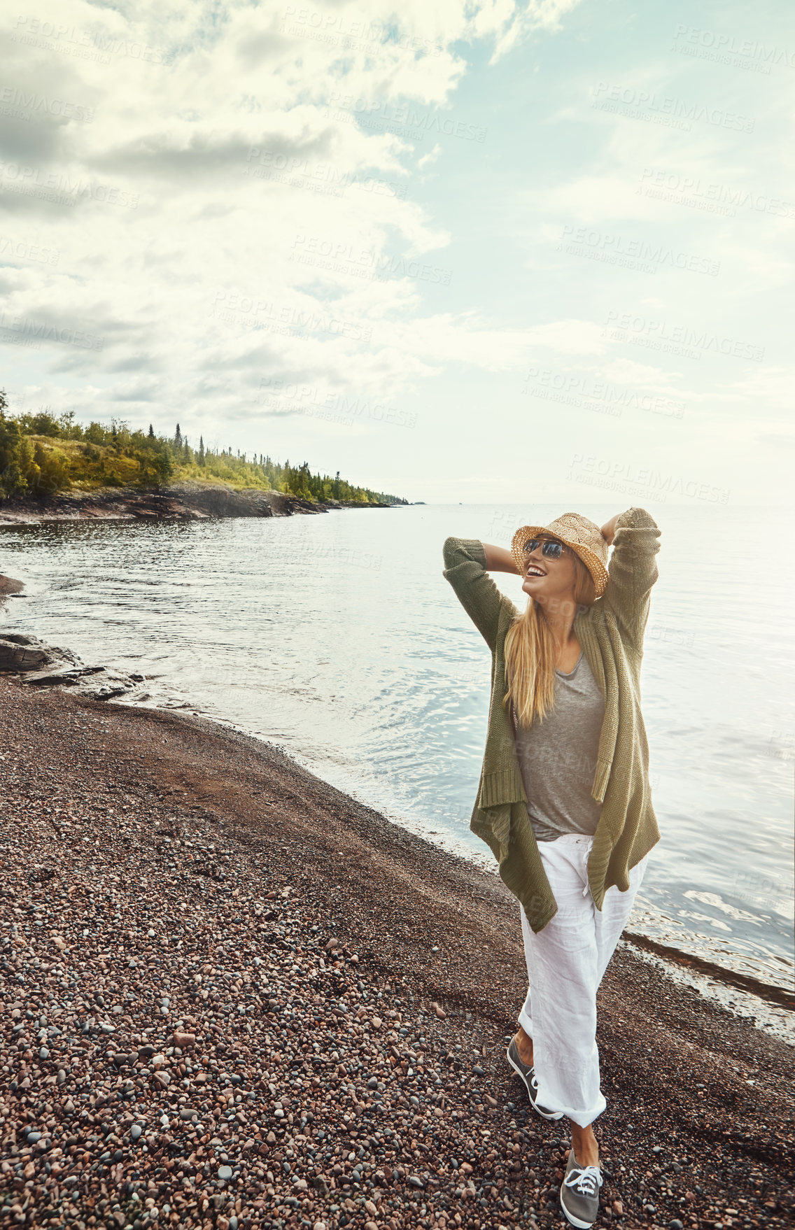 Buy stock photo Thinking, walking and woman by beach for holiday, summer travel and tropical location for inspiration. Trip perspective, weekend break and person by ocean for reflection, planning vacation and smile