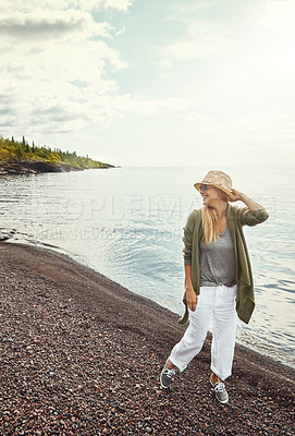 Buy stock photo Thinking, walking and woman by beach for vacation, summer travel or tropical location for inspiration. Trip perspective, sunshine or happy person by ocean for reflection, planning holiday and weekend