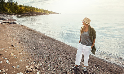 Buy stock photo Thinking, beach and woman on vacation for travel, adventure and tourism in nature. Thoughts, ocean and person on summer holiday for sightseeing, reflection and view of sunshine outdoor on island