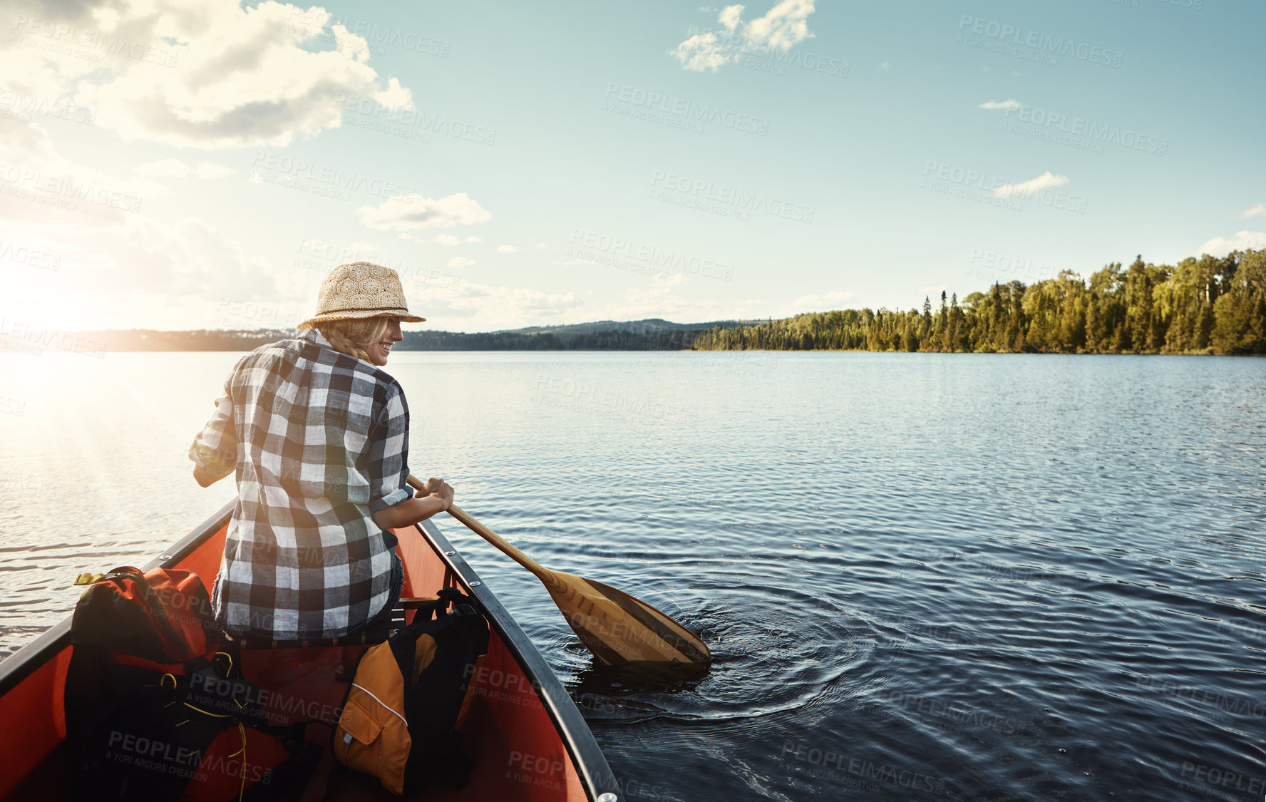 Buy stock photo Rowing, kayak and back of woman in river for adventure, vacation and tourist activity on holiday. Space, water sports and person in canoe on lake, nature and outdoor for journey, hobby and travel