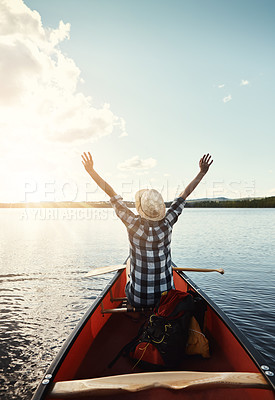 Buy stock photo Person, kayaking and back or arms on river, relax and water travel or hobby achievement in boat on holiday with paddle. Adventure, lake and rowing or tourist victory, freedom and outdoor for fitness