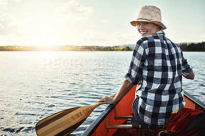 Buy stock photo Portrait, lake and woman with kayak, hobby and happiness with activity, summer and vacation. Person, outdoor and girl with sunshine, water and fitness with adventure, energy and canoe with journey