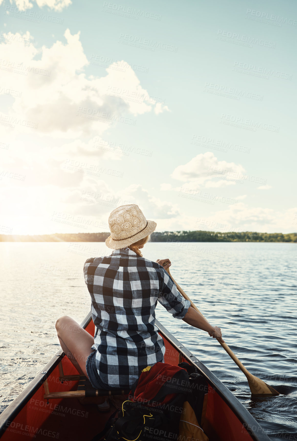 Buy stock photo Rowing, boat and back of woman in river for adventure, vacation and tourist activity on holiday. Travel, water sports and person in kayak on lake, nature and outdoor for journey, hobby and explore