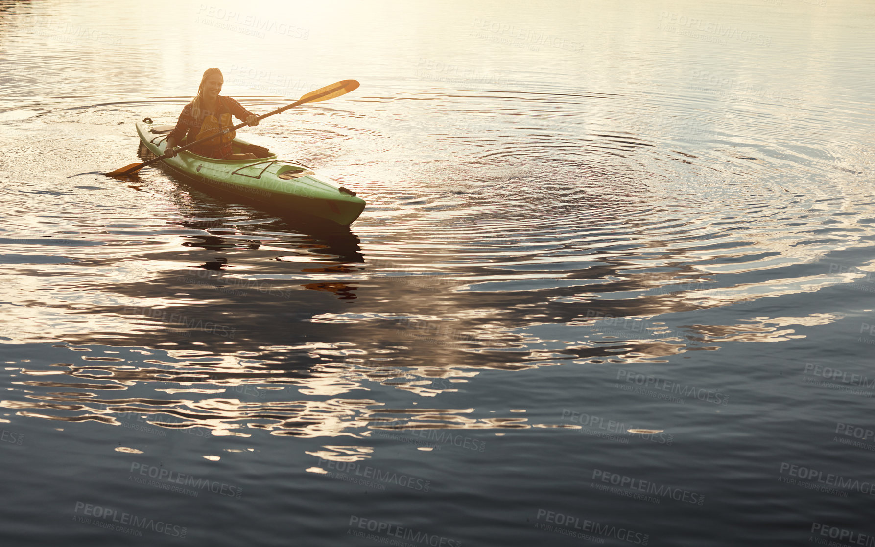 Buy stock photo Woman, lake and sunset with kayak for adventure with summer vacation, weekend trip and relax. Water sports, canoe and female person with paddle for rowing with holiday, outdoor hobby and space