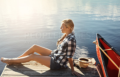 Buy stock photo Woman, relax and lake outdoor for peace, holiday and travel by water with calm relaxing. Female person, thinking and rest in nature for vacation, summer and wellness by kayak with morning thoughts