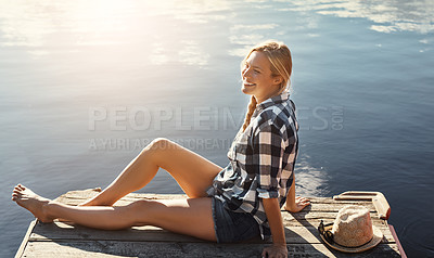 Buy stock photo Woman, relax and lake outdoor for holiday, peace and travel by water with happiness or freedom. Female person, calm and smile in nature for vacation, summer and wellness by pond with mindfulness