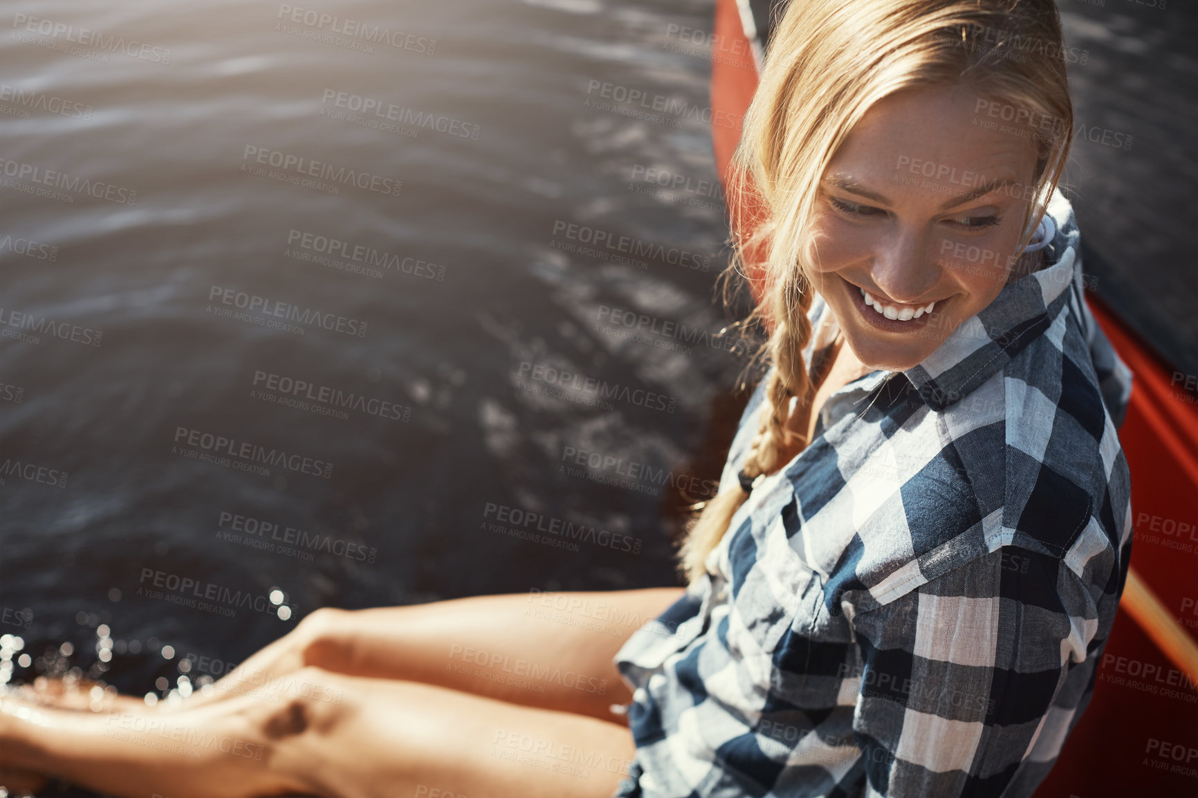 Buy stock photo Woman, lake and vacation with feet in water, relax or travel in nature for wellness. Female person, happiness and holiday with foot in river, kayak for outdoor adventure or tourism in Canada