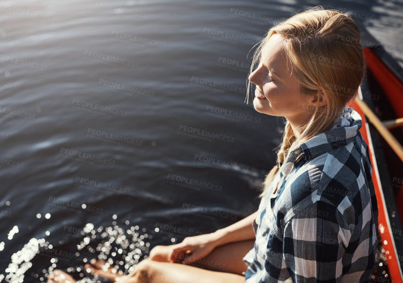 Buy stock photo Woman, lake and holiday with feet in water, relax on vacation with calm in nature for wellness. Female person, happiness and river travel with sunshine, kayak for adventure tourism in Canada