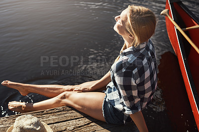 Buy stock photo Woman, nature or travel with feet in water, relax on vacation with freedom by lake for wellness. Female person, sustainable holiday or foot splash in river with, kayak for adventure tourism in Canada