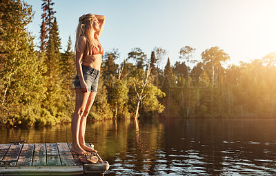 Buy stock photo Dock, woman and lake in nature for swim, fun and refresh in woods for travel adventure. Vacation, river or water for tourism outdoor for female person, happy and holiday in Germany forest in swimsuit