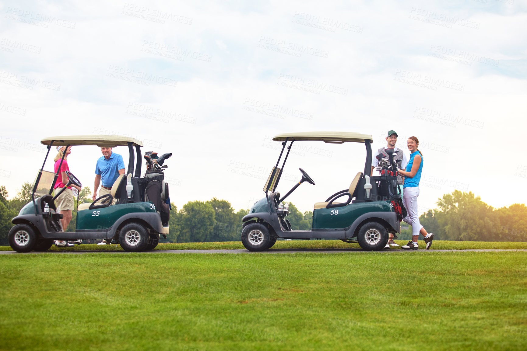 Buy stock photo Sport, fitness and golf cart with people outdoor for space, contest challenge and athlete club. Transportation, competition training and golfer tournament with friends on course for game together