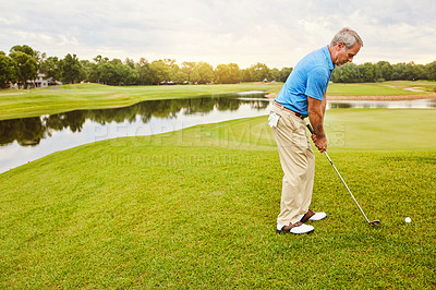 Buy stock photo Mature, man and stroke on field for golf or ball for improve balance, coordination and retirement leisure with relax. Golfer, club and play on grass for physical activity, mobility and outdoor sport.