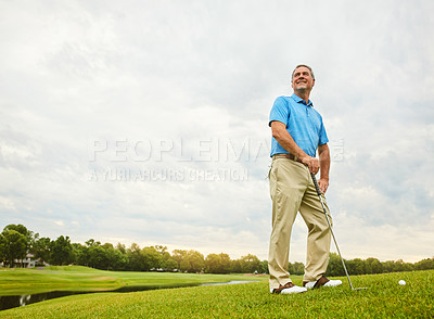 Buy stock photo Mature, man and thinking on golf course or outdoor with club for mental focus, skill and precision or training for tournament. Male golfer, lake and thoughts for game plan, shot strategy and exercise