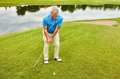 Buy stock photo Mature, man and stroke in nature for golf or recreation sport, coordination and practice for skill or precision for match. Male golfer, club and training for championship competition, turf and play.