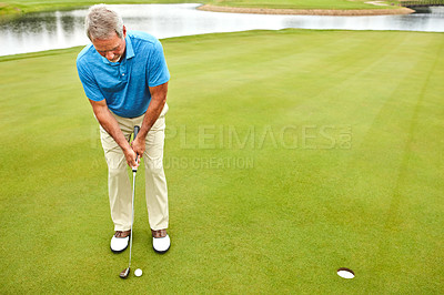 Buy stock photo Mature, man and stroke ball for golf on field for recreation sport, practice and training for tournament or match. Male golfer, country club and playing by lake for skill or coordination and exercise