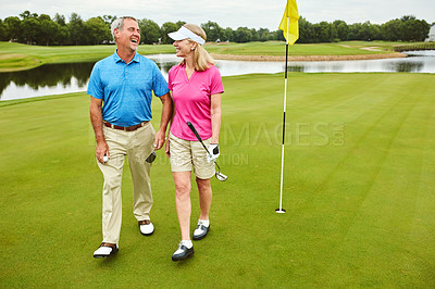 Buy stock photo Family, mature couple and club for golf sport, physical activity and bonding through recreation. Happy people, man and woman for walking in nature for friendly competition, game and fun outdoor