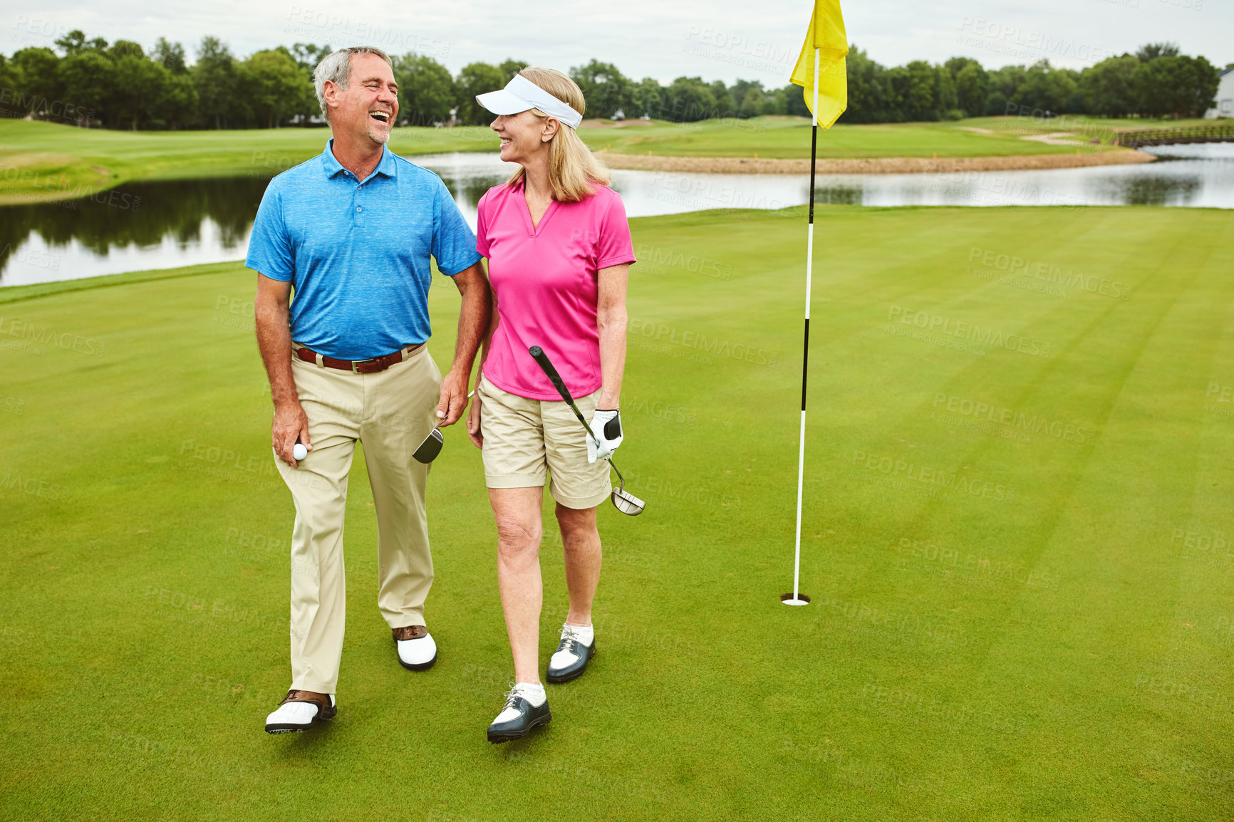 Buy stock photo Family, mature couple and club for golf sport, physical activity and bonding through recreation. Happy people, man and woman for walking in nature for friendly competition, game and fun outdoor