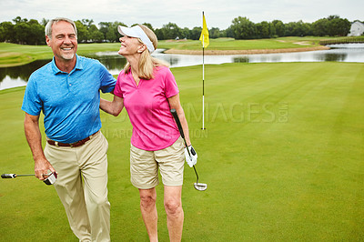 Buy stock photo Portrait, mature couple and club for golf sport, physical activity and bonding through recreation. Happy people, man and woman for walking in nature for friendly competition, game and hug outdoor