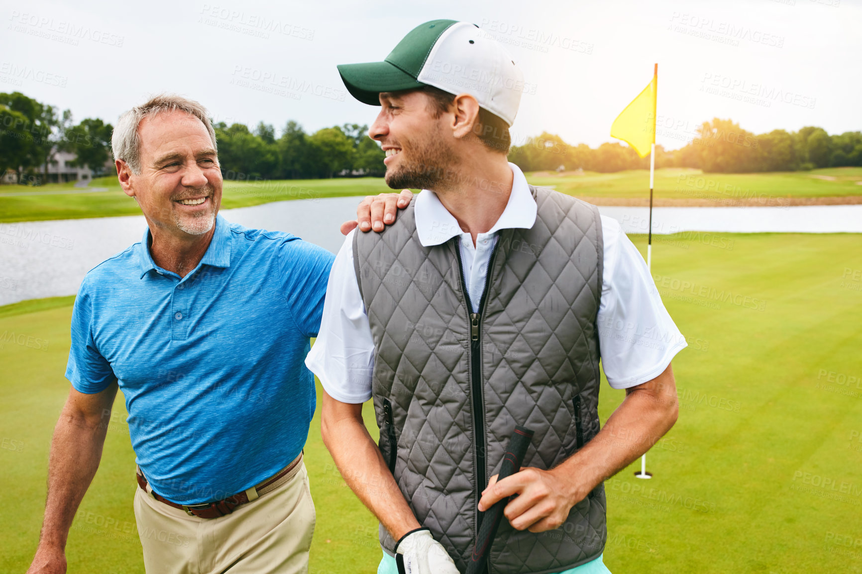 Buy stock photo Happy, men and family for golf sport outdoor for fitness challenge, physical activity or support of recreation match. Smile, people and game practice, bonding and competition for country club event