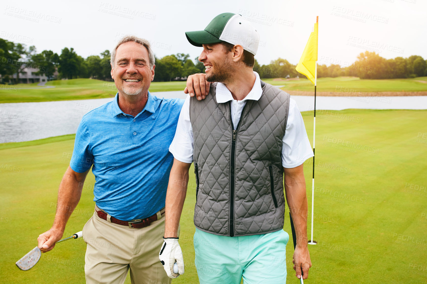 Buy stock photo Portrait, people and man for golf sport, physical activity or bonding through recreation. Family, mature dad and son for walking in nature for friendly competition, game or support with smile outdoor